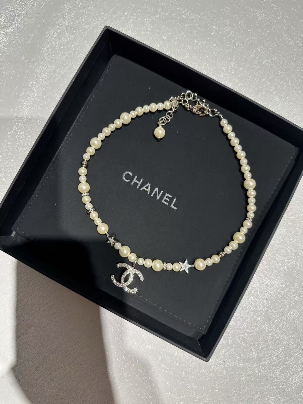 Chanel Pearl CC Logo Star Charm Choker Necklace